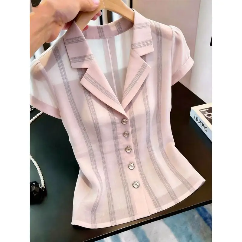 Striped Contrast Button Vintage Short Sleeve Shirt Tops Summer New All-match Youth Elegant Blouse Fashion Office Women Clothing