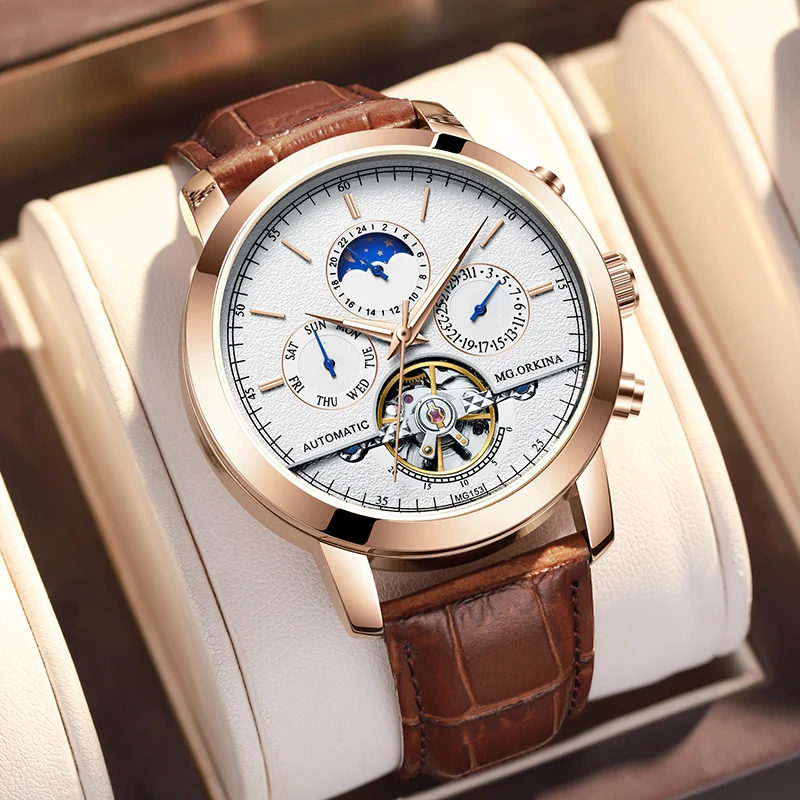 MG.ORKINA Automatic Watch Men Luxury Tourbillon Skeleton Dial Mechanical Day Date Sun Moon Phase Leather Strap Male Wristwatches