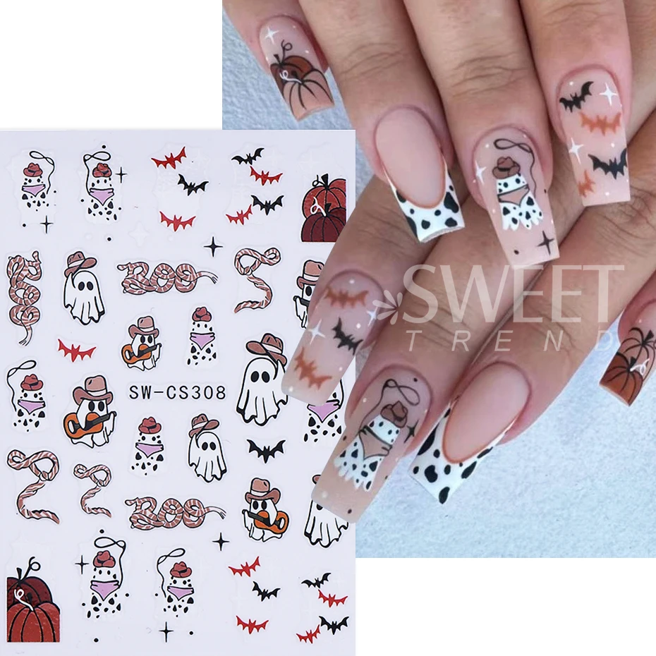 3 pçs halloween aranha web adesivos de unhas 3d auto adesivo dos desenhos animados fantasma aranha morcego abóbora decalques de unhas diy manicure decoração