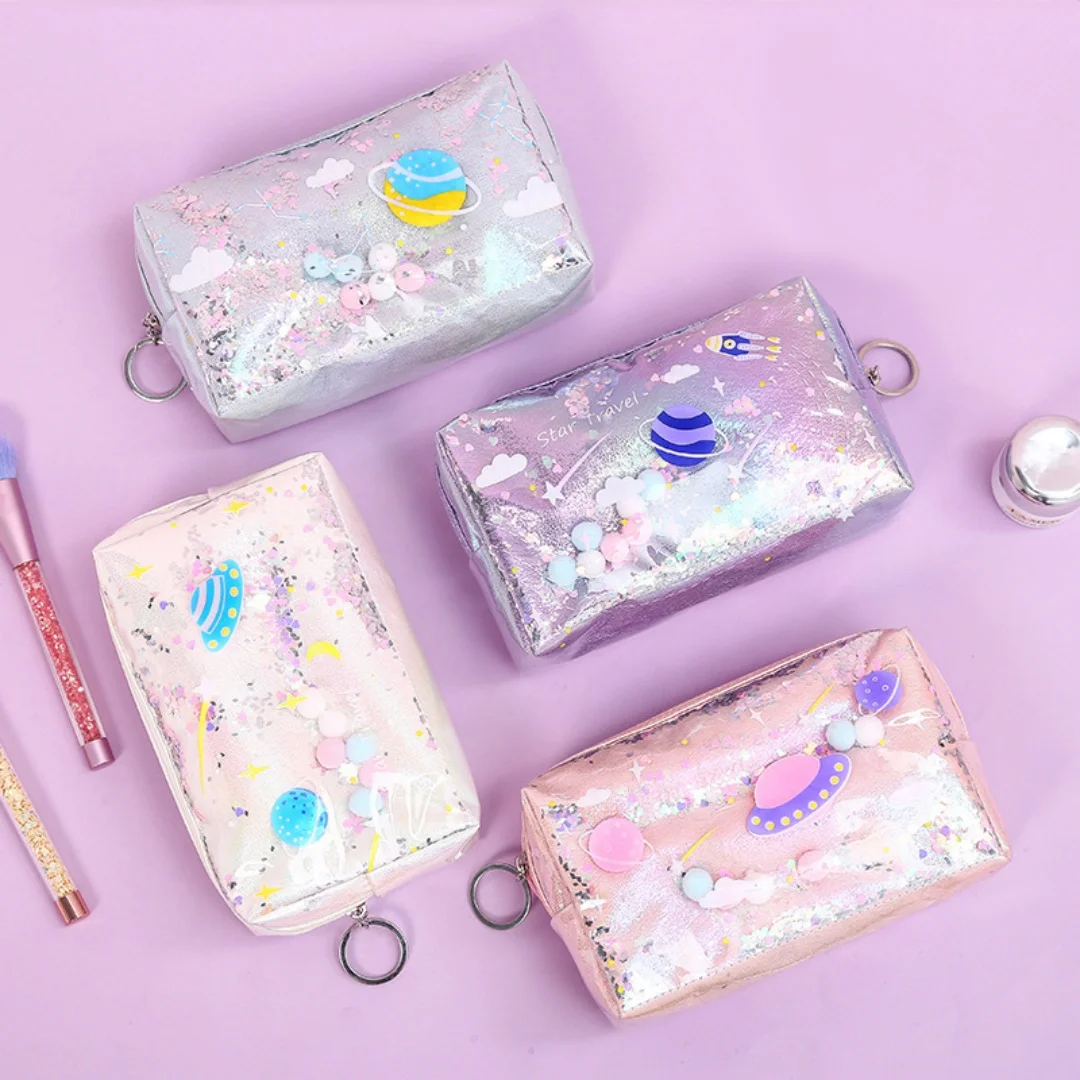 Dreamy Starry Sandflow Pen Bag with Laser Shimmer Planet Print Large Capacity Girls Heart Keychain Pencil Case School Supplies