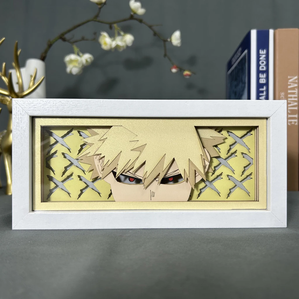 Figuras de Anime My Hero Academia Bakugo, caja de luz para decoración de habitación, Manga, tallado de papel, mesa, lámpara de escritorio,