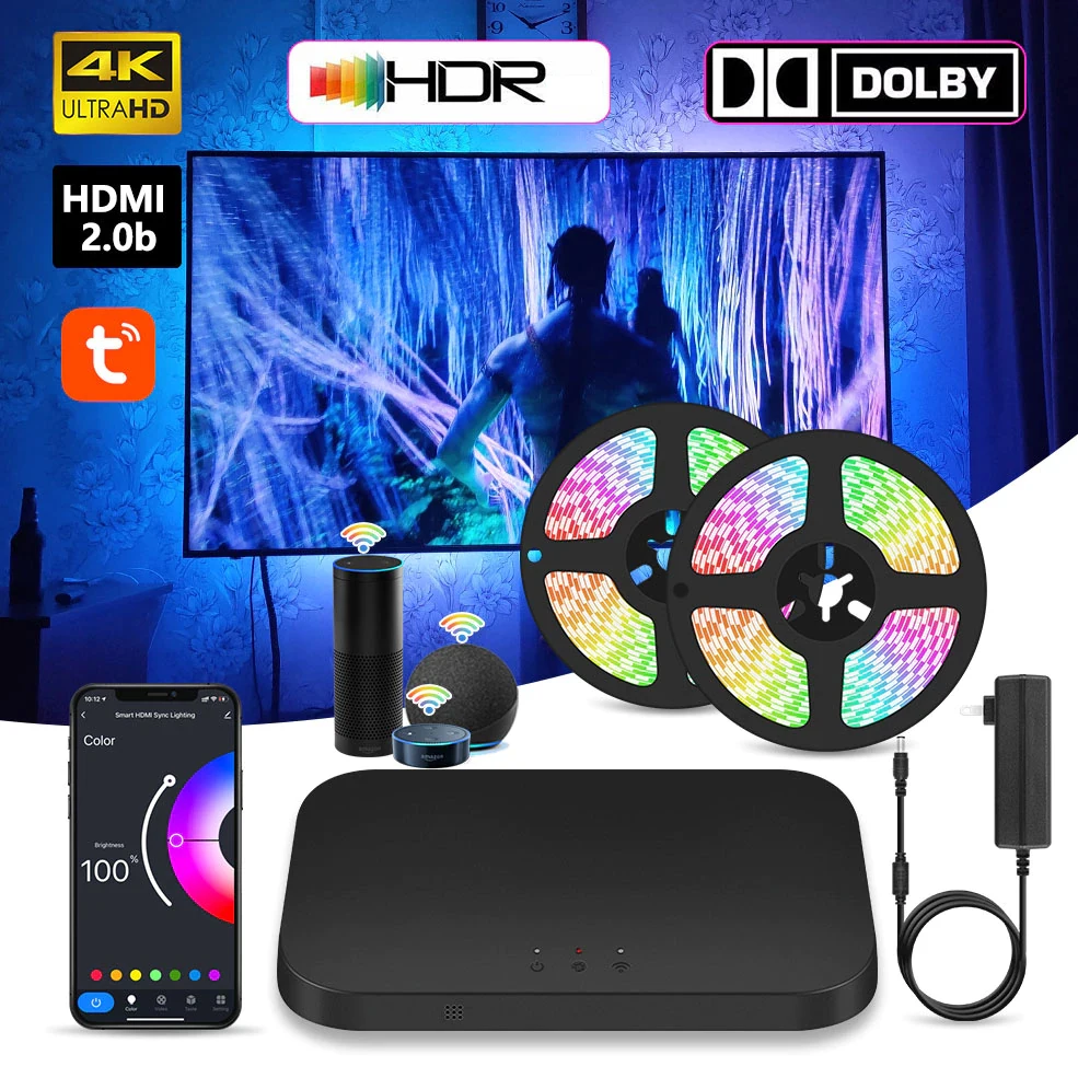 Smart Ambient TV Led Backlight For 4K HDMI 2.0 Device Sync Box Led Strip Lamp PC Monitor Back Lights Kit Works with Alexa Google