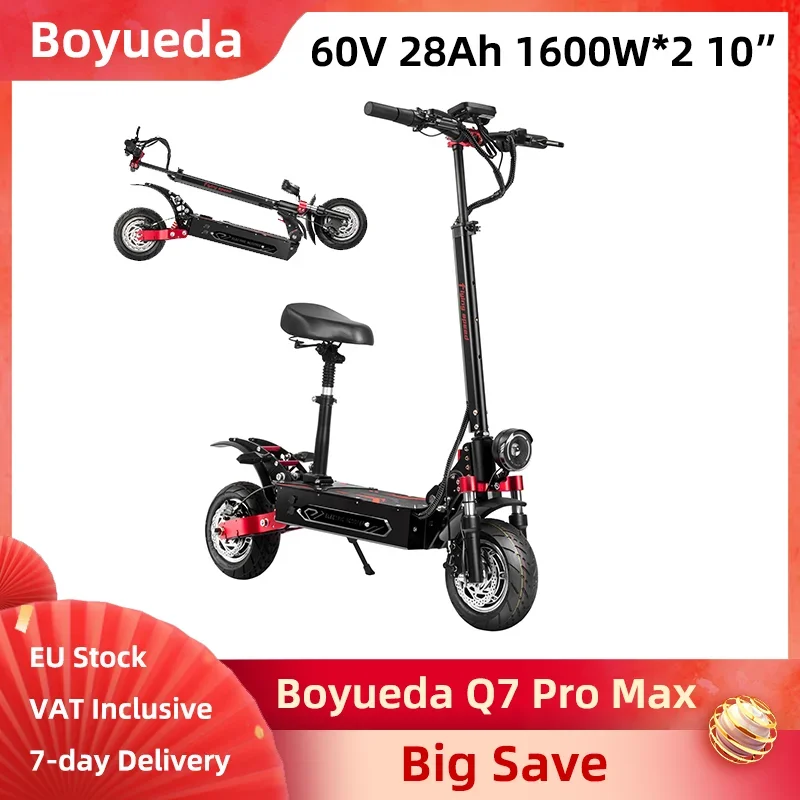 

Электрический скутер Boyueda Q7 Pro Max, складной, 3200 Вт, двойной двигатель, 60 В, 28 А, 1456 Втч, 10-дюймовый складной электросамокат с шинами, гидравлический дисковый тормоз