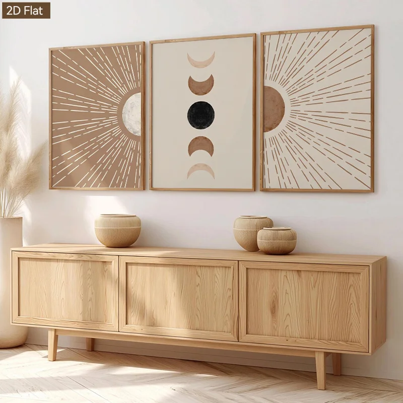 （No Frame 3PCS）-2D Flat, 3pcs Modern Nordic Boho Abstract Moon Phase Wall Art Suitable for Living Room, Minimalist Morandi To