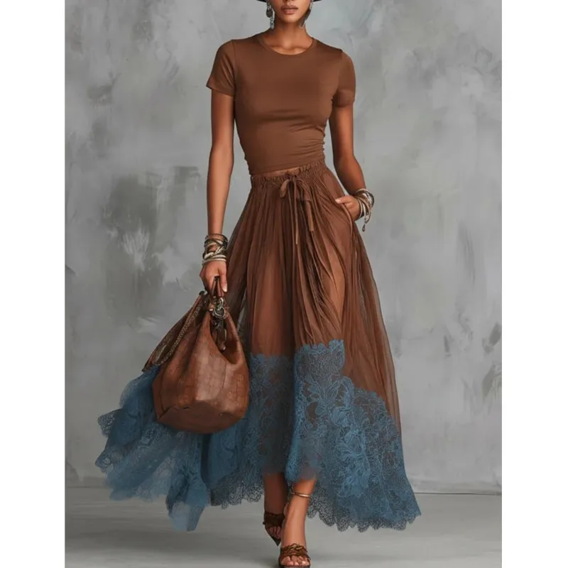 Retro Color Blocked Short Top With Skirt Suit Women's Spring Summer Fashion A-line Skirt Two-piece Set Ladies Stylish Daily Wear