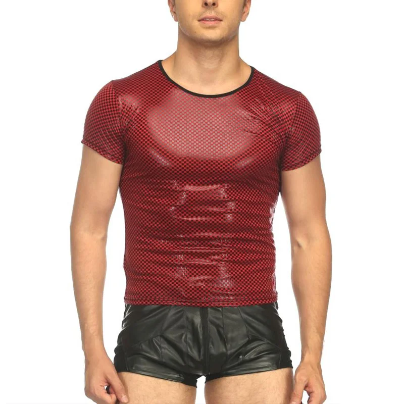 

Футболка с круглым вырезом, топы, жилет, костюм для мышц, одежда для ночного клуба, клубная одежда, вечерние, с короткими рукавами, облегающий костюм из лакированной кожи