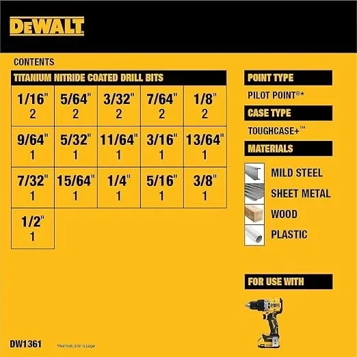 Original  DEWALT DW1361 Titanium Twist Drill Bit Set Woodworking Metal HSS High Speed Steel Drill Bits 21Pcs Tool Attachments