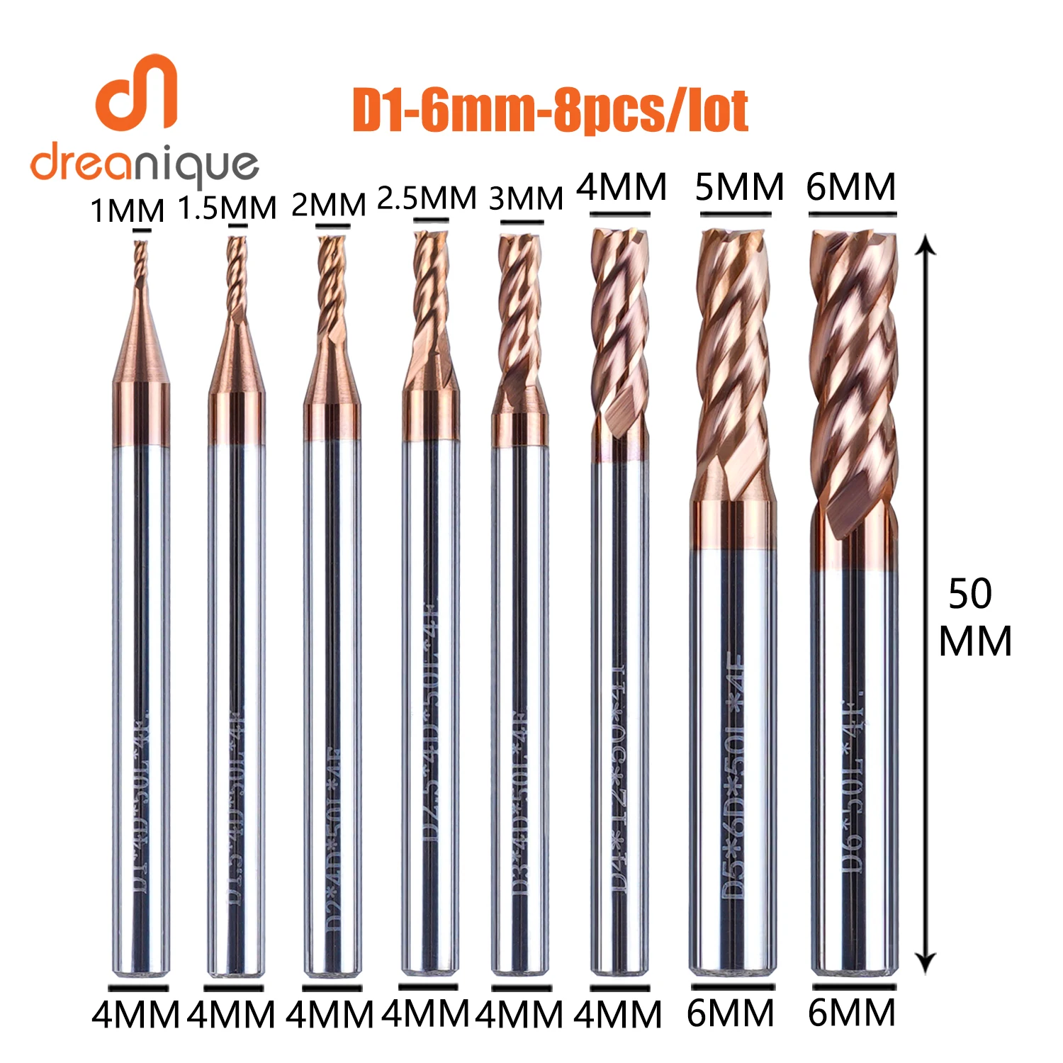 DREANIQUE 8Pcs/lot Tungsten Steel End Mill Set D1-D6mm 4 Flutes Flattened Solid Carbide Alloy CNC Cutter For HRC55 Steel