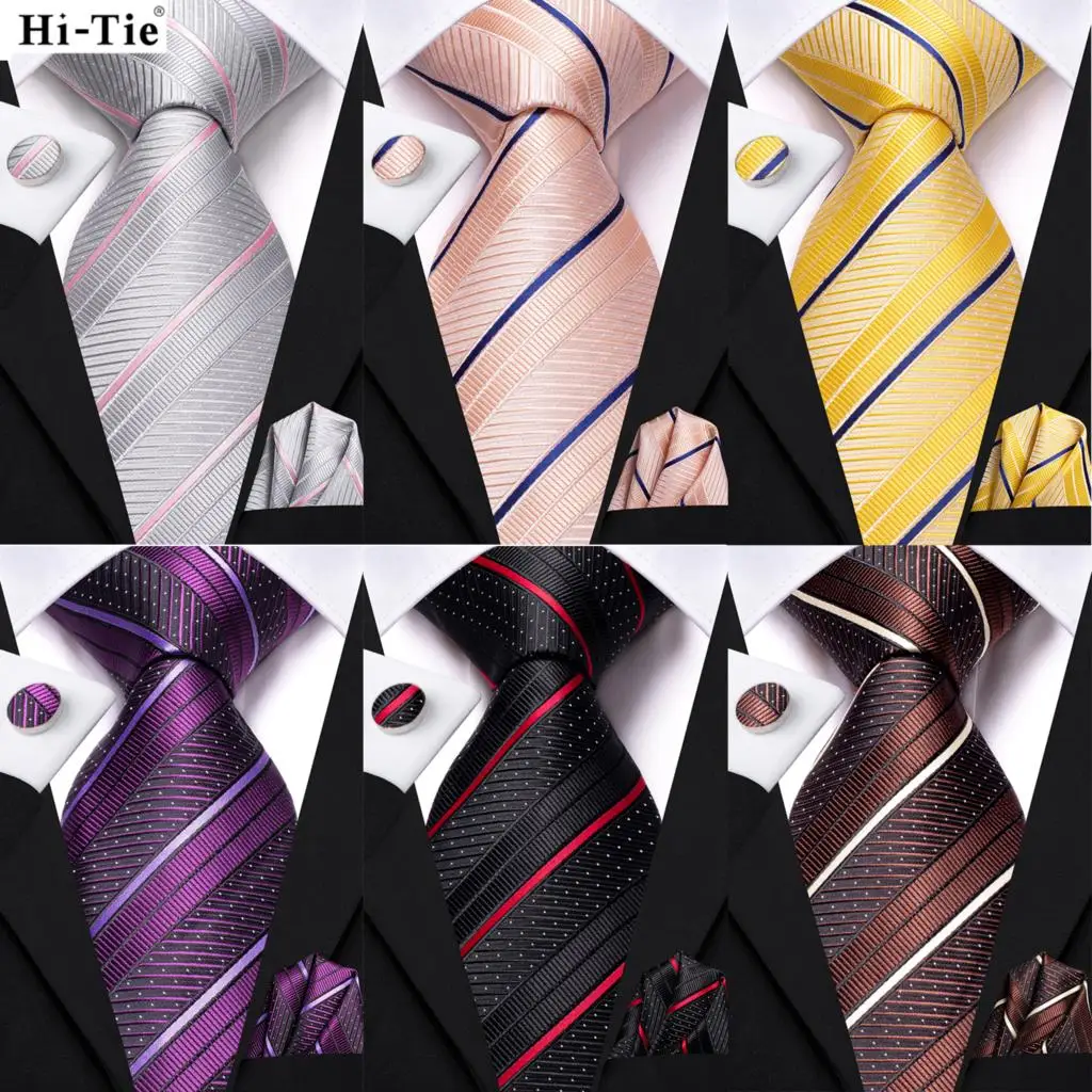 Hi-Tie Striped Black Red Mens Fashion Necktie Handkerchief Cufflinks for Tuxedo Accessory Classic Silk Luxury Tie for Man Gift