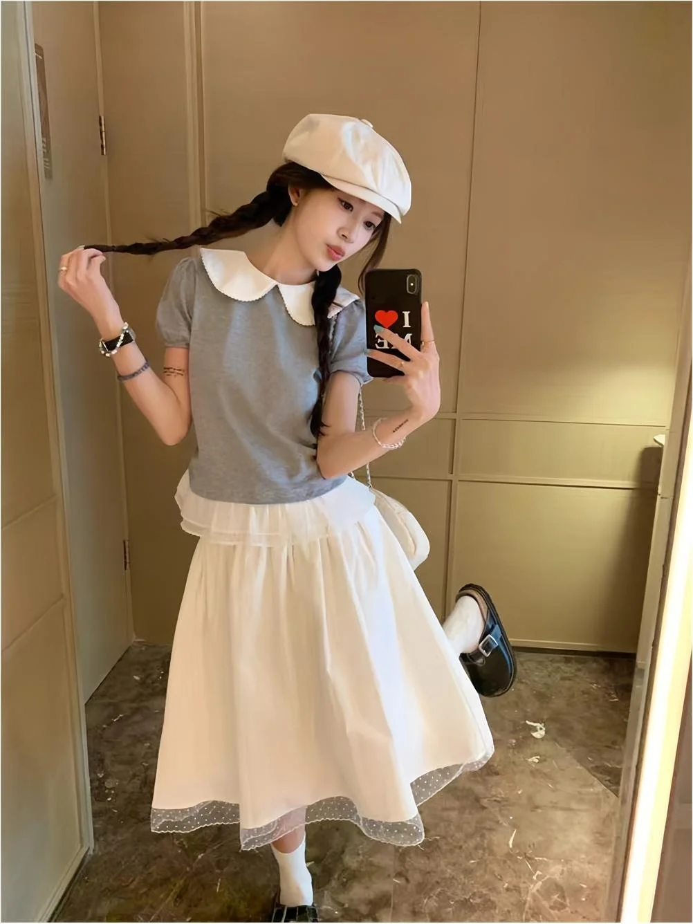 

Sweet Summer Style Doll Collar Lace Half Skirt Set Women's Fashion Ensemble High Waist Short Shorts Regular Fit French Style