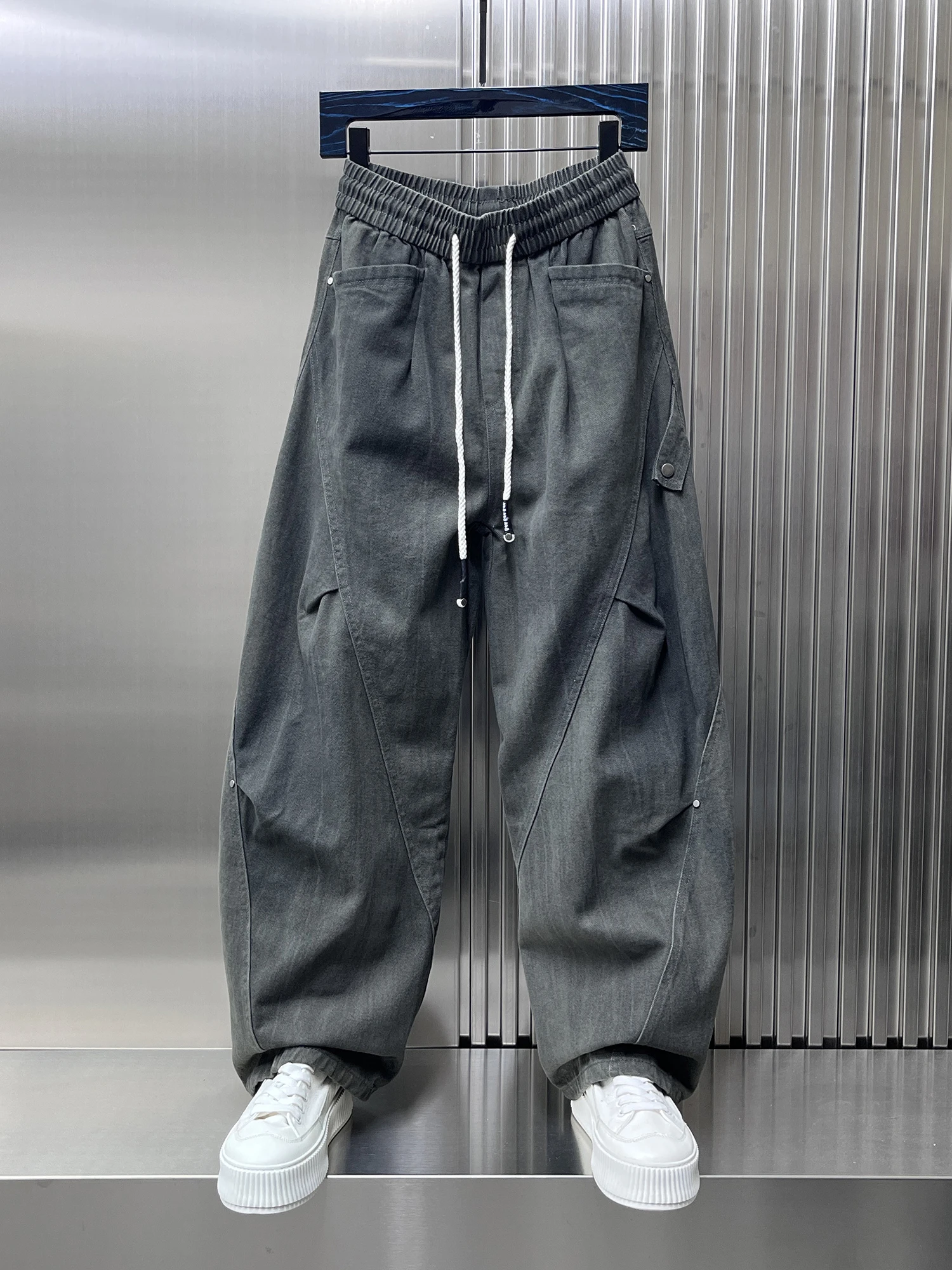 الأمريكية Sle فضفاض واسعة الساق عارضة السراويل الرجال الكورية تنوعا Dstring بارد عمال السراويل تنفس مستقيم الساق #2