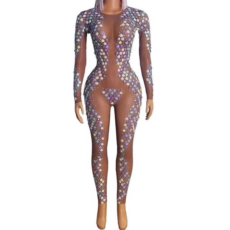 Colorful Sequin Shell Tight Jumpsuit Nightclub DJ Sexy Transparent Elastic Dance Tights Women Dancer Festival Party Show Costume