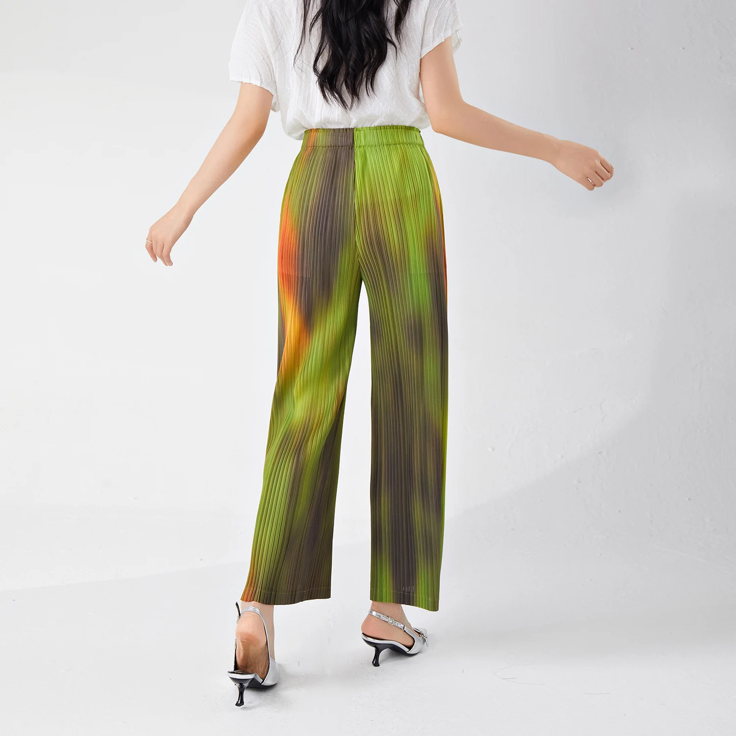 High Quality Miyake Women High Waist Pleated Casual Pants Fashion Wide Leg Design New Summer Style Printed Straight Pants