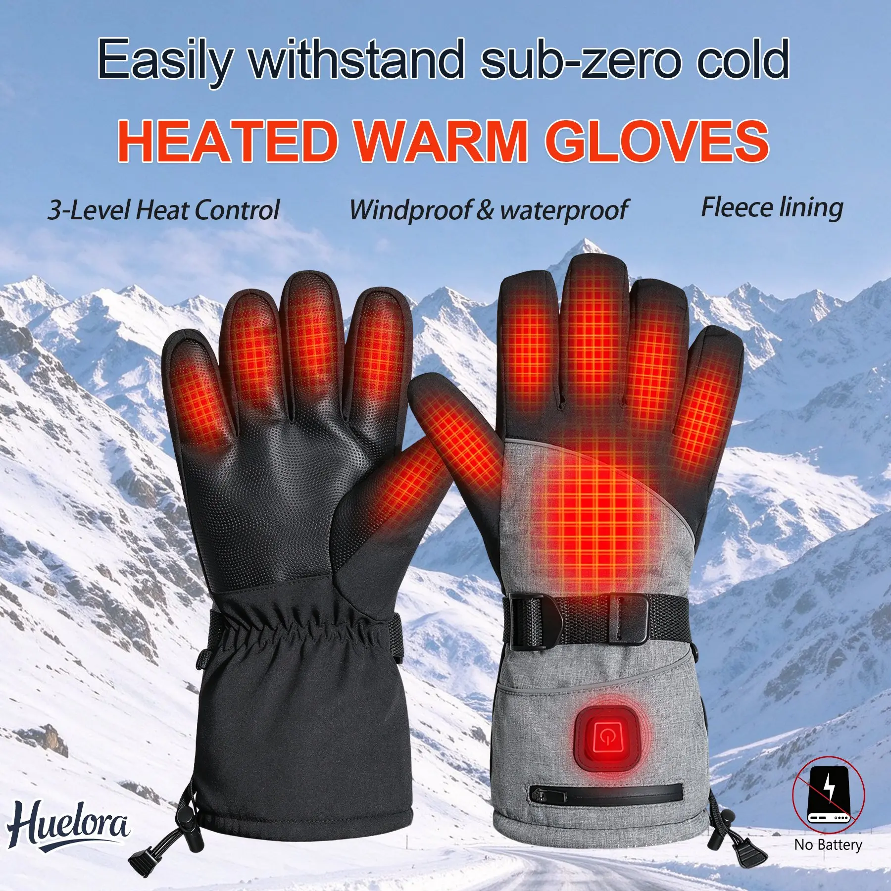 Huelora Heated Gloves for Men Women, 3 Levels Electric Heated Winter Gloves Waterproof Windproof with 3M Thinsulate Fleece