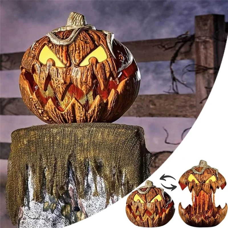 Scary Extendable Jack-O-Lantern Halloween Decor, Talking Pumpkin with Glowing Eyes, Retractable Mouth, Horror Sound