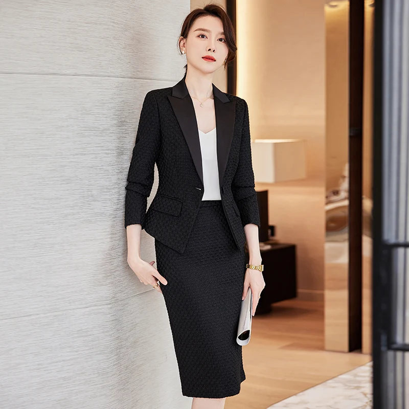 Naviu High End White Formal Suit Women New Fashion Slim Business Woollen Blazer and Skirt Sets Office Ladies Work Wear Black