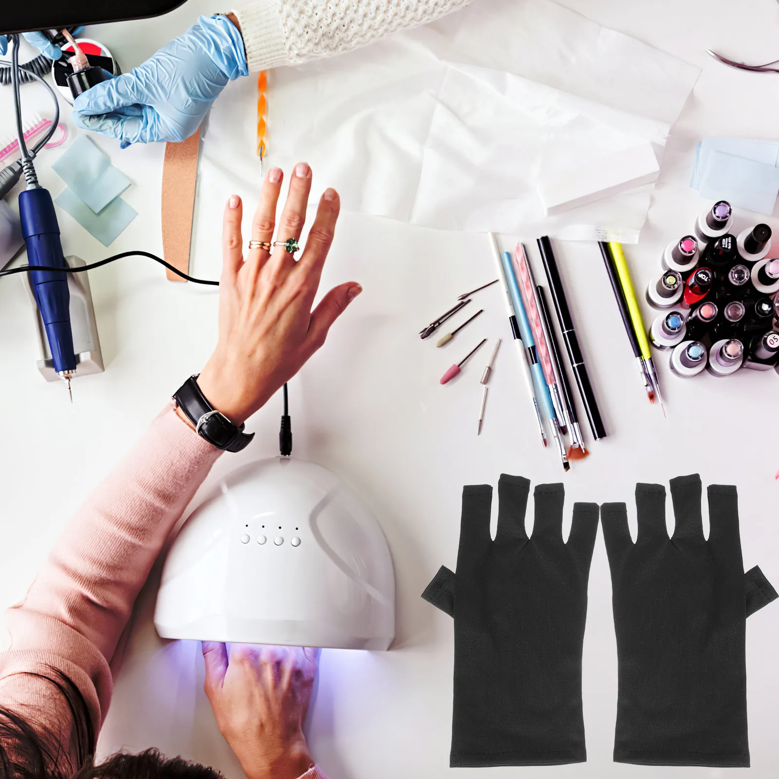 

2 пары перчаток для маникюра с защитой от УФ-излучения, без пальцев, из полиэстера, дышащие, для ухода за ногтями