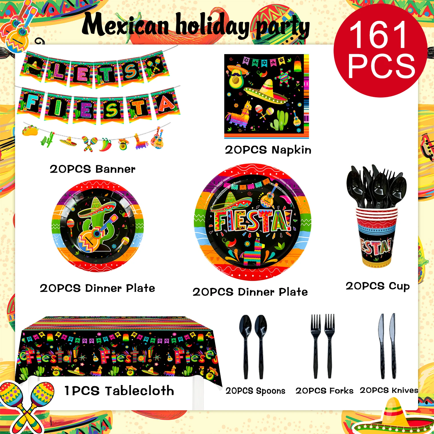 Mexican Themed Fiesta Party Supplies,161pcs Paper Tableware Set Includes Mexican Fiesta Plates Cups Napkins etc for 20 Guests