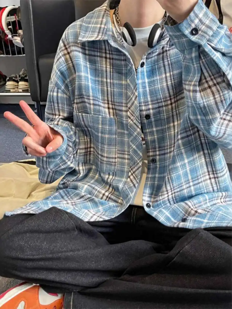 

Модная мужская удлиненная рубашка-куртка на весну-осень с клетчатым ретро-воротником, повседневная свободная модель, летняя коллекция