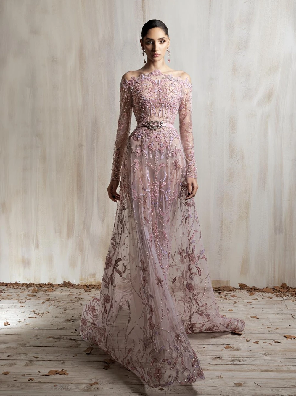 Shiny 3D Floral Embroidered Evening Gown Off Shoulder Long Sleeve Sheer Mesh Belted Formal Dress With Train For Wedding Guest