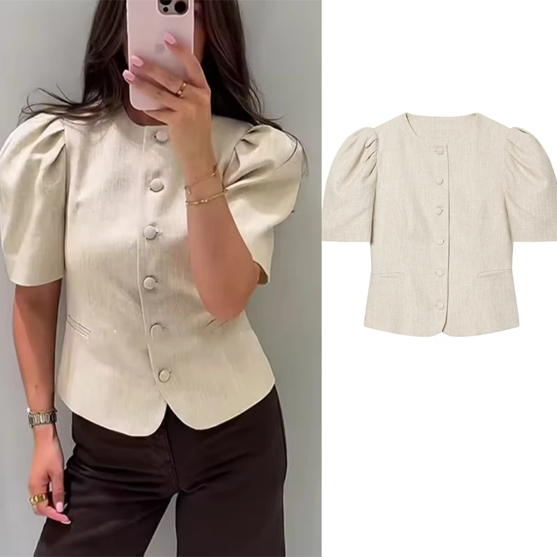 

2026 Summer Women's Fashion Short-Sleeve Jacket Retro Short Puff Sleeves Slim Fit Single-Breasted Solid Color Top Simple Commute