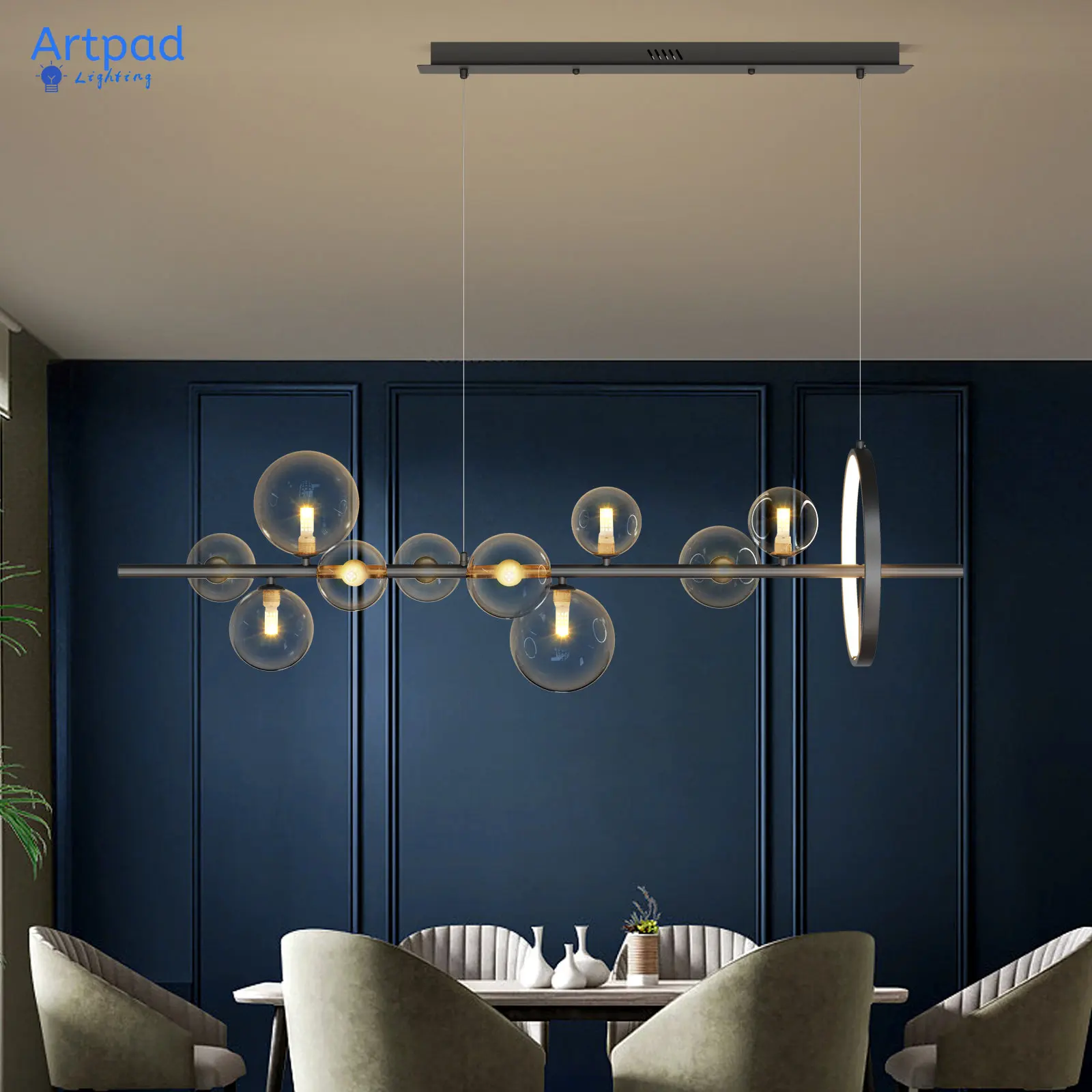 Lampadario moderno in oro lucido Illuminazione a LED Paralume a bolle di vetro nordico per sala da pranzo Lampada a sospensione a sospensione nera