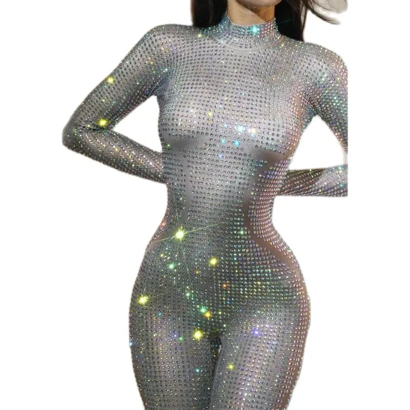 New Full Rhinestones Jumpsuit Women Sexy Pole Dance Outfit Bar Nightclub Dj Ds Gogo Dancer Costume Stage Performance Rave Wear