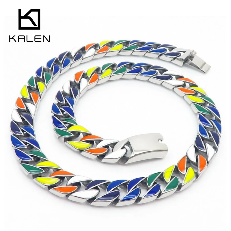 Hip Hop 15mm Stainless Steel Colorful Dripping Cuban Necklace Prong Chain Rapper Necklaces For Men Women Jewelry