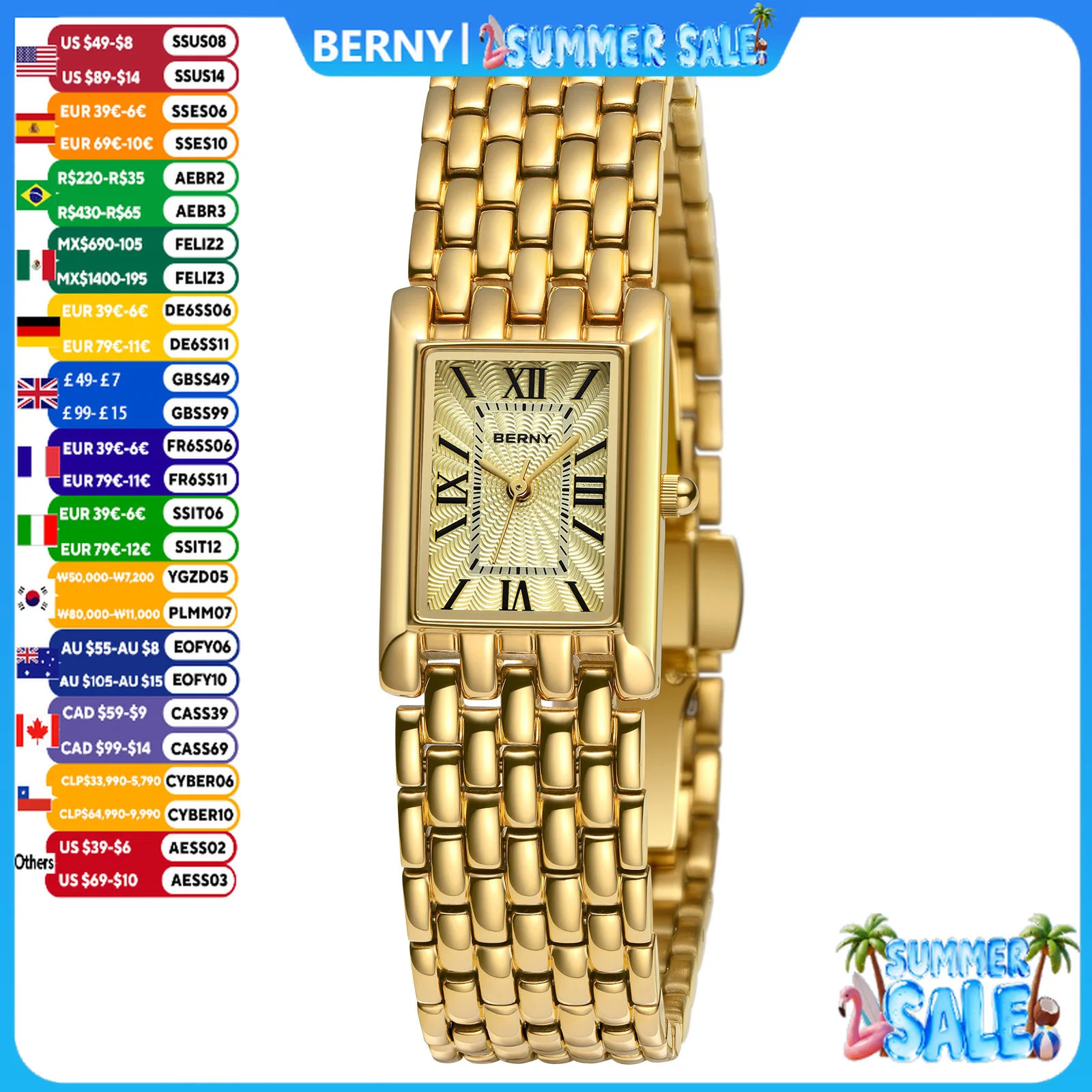 BERNY Luxury Women's Watches Fashion Ladies Square Casual Golden Quartz Watch Solid Stainless Steel Rectangle Girls Wristwatch