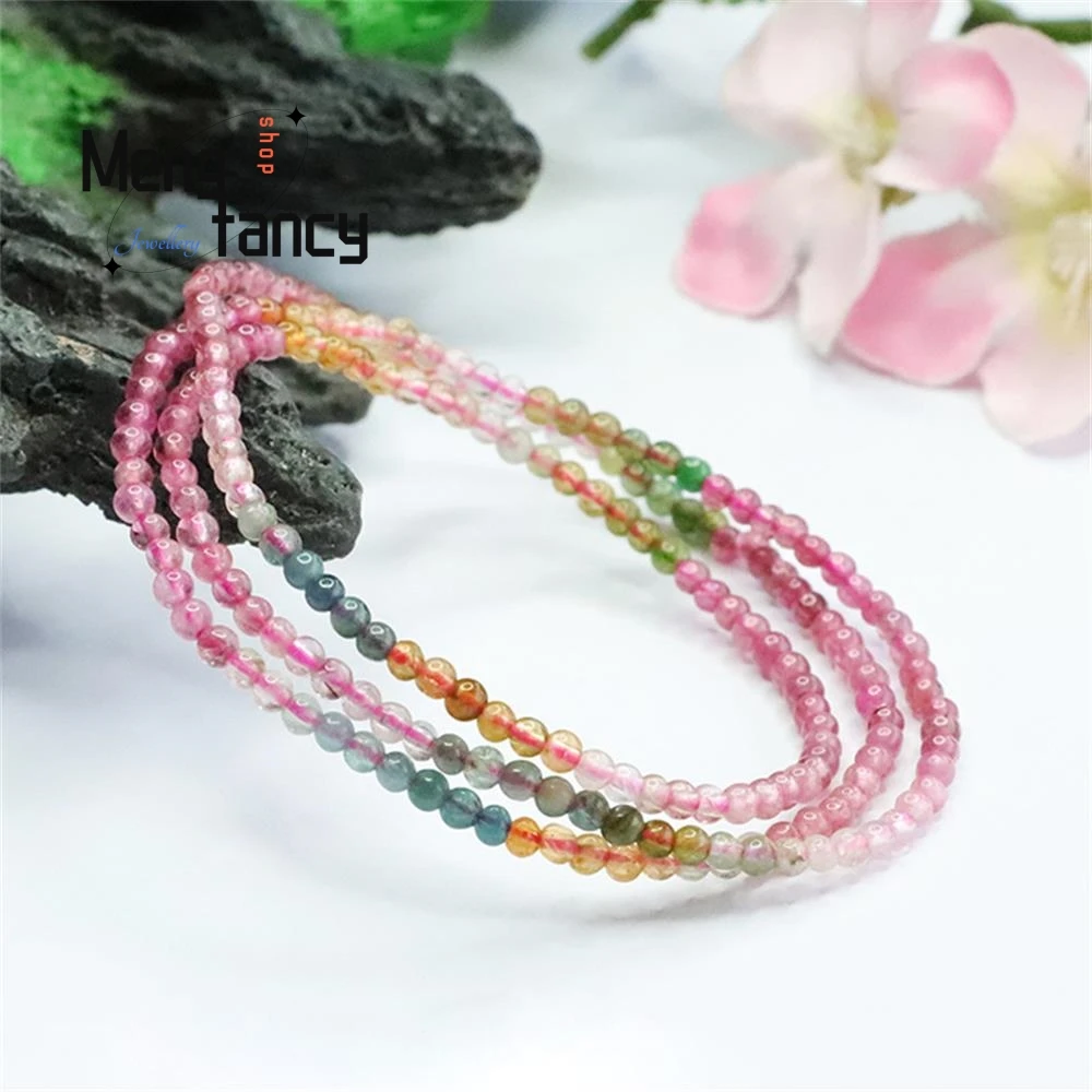 Natural Rainbow Tourmaline Exquisite Elegant Charm High-grade Multi Loop Brazilian Old Pit Ice Transparent Bracelet Fine Jewelry