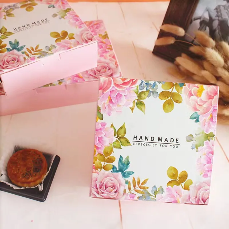 10PCS Gift Box Wedding Favor pink flowerPaper Cake Packaging Window Present Candy Bag Food Cupcake Cookie Pastry Cardboard