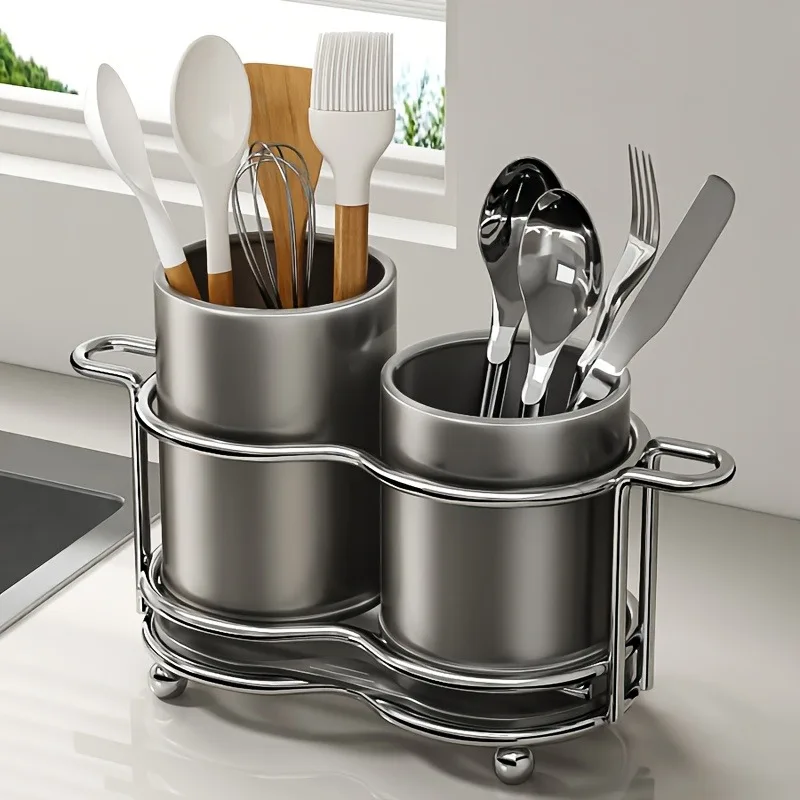 

1 silverware utensil holder with metal frame and 2 compartments for kitchen and countertops