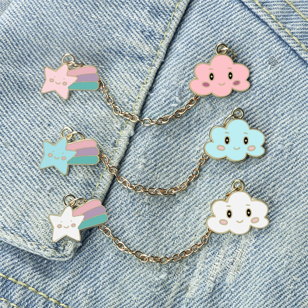 Lindo nube Arco Iris estrella esmalte broche dibujos animados coloridos pines con cadena insignia rosa personalizada para mochila regalos de mezclilla para niños niñas