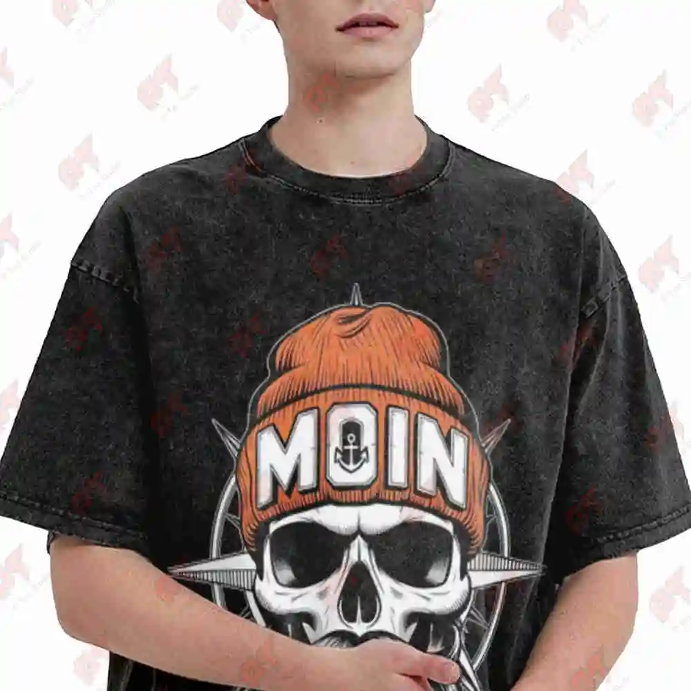 Moin Skull Beard Compass North German Vintage Washed Tee Pure Cotton T-Shirt