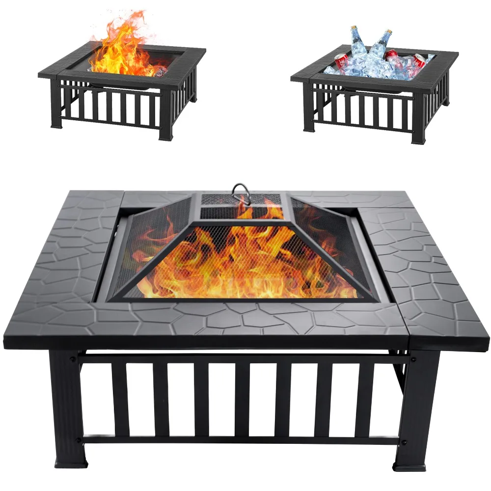 36 inch Square Outdoor Fire Pit Table with Spark Screen | Wood Burning Fire Pit with Fire Poker, 3-in-1 Multipurpose