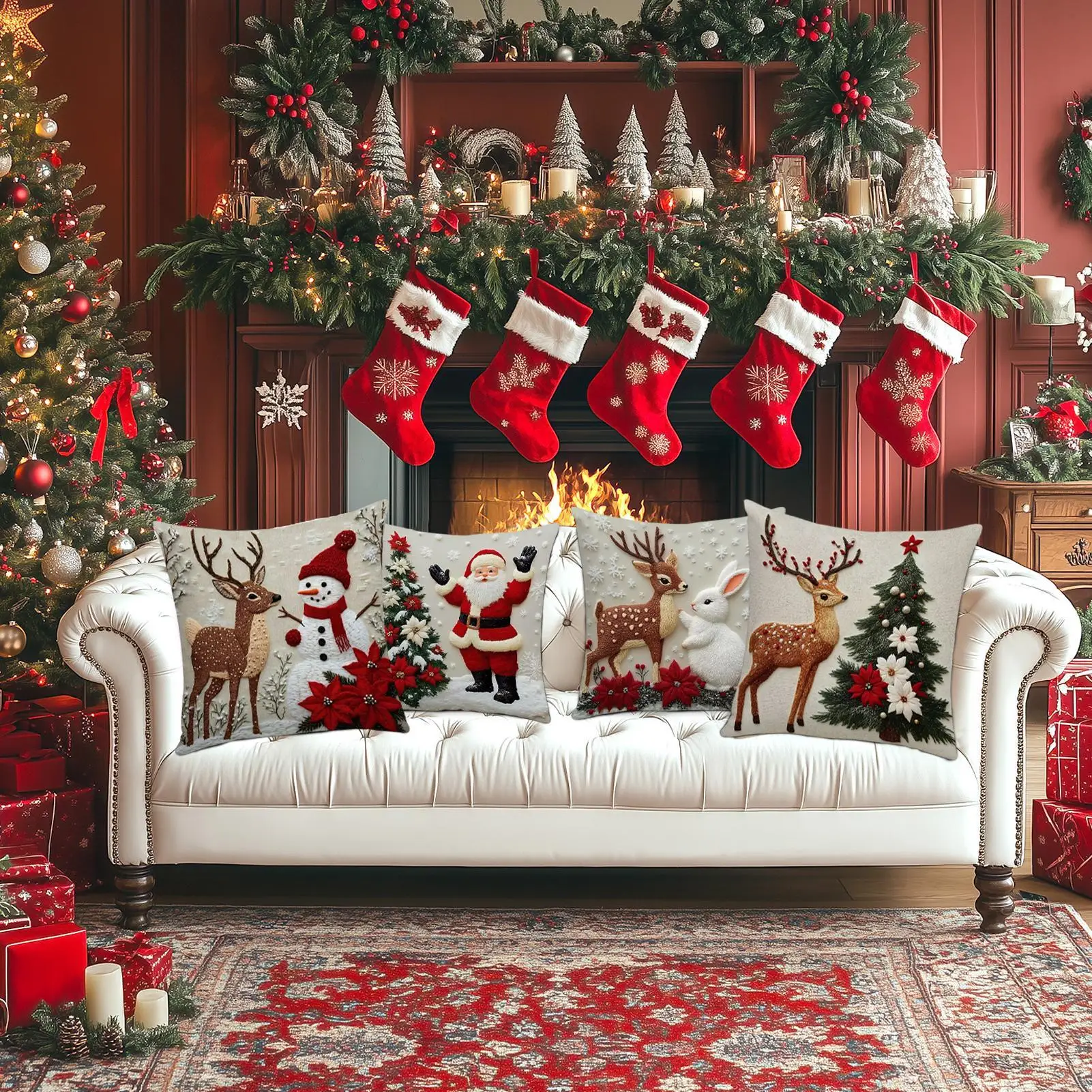Christmas Pillow Covers Red Cushion Case Home Decor Christmas Lumbar Cushion Covers For Sofa Bedroom Living Room Holiday Chair
