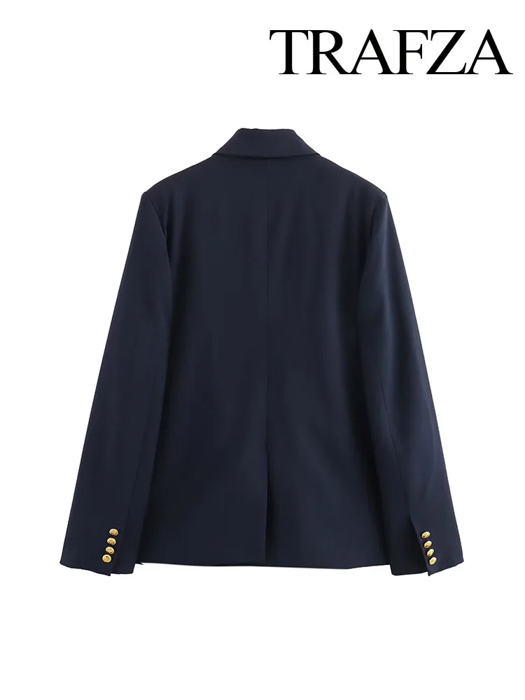 TRAFZA Women Autumn Solid Lapel Long Sleeves Front Pocket Blazer Woman Commuter Double-breasted Casual Simple Blazer Top Mujer