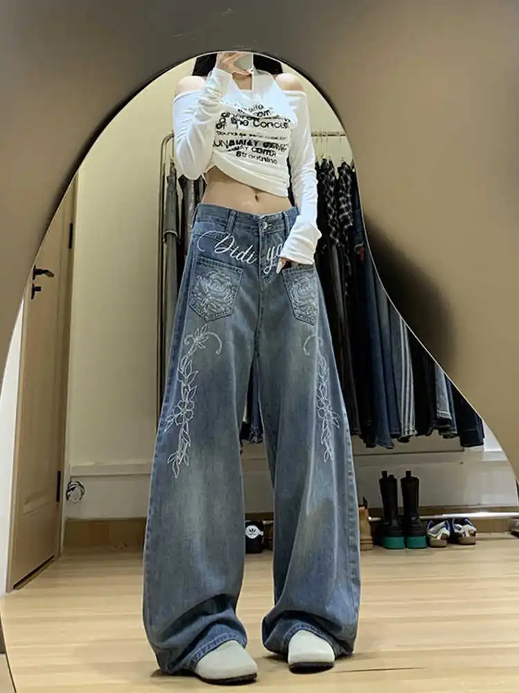 Rose Letter Embroidered Jeans Washed and Distressed Design Pants Men Women Plus Size Straight Leg Pants