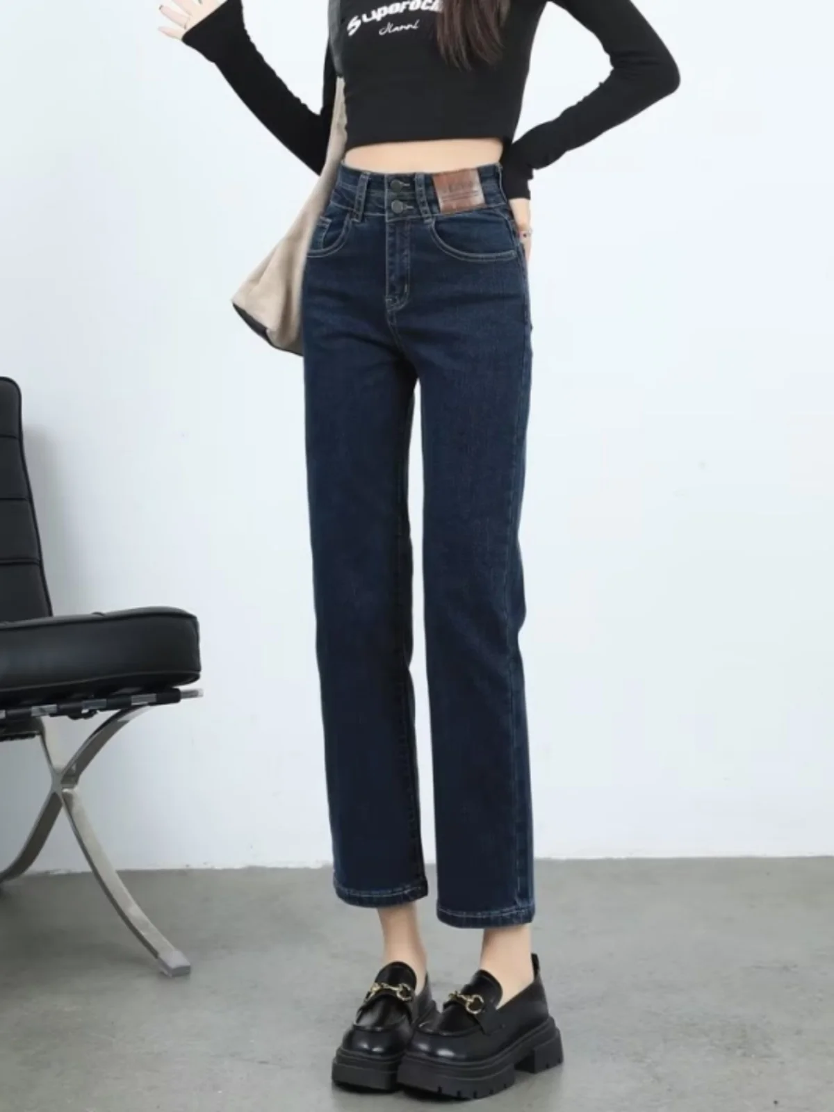 

Весенне-осенние свободные женские джинсы с высокой талией, прямые, стройнящие, в корейском стиле, для колледжа, модные брюки-«сигареты»