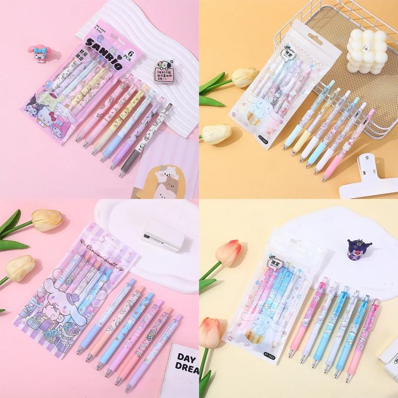 6Pcs Cartoon Sanrio Pressing Neutral Pens Kawaii Hello Kitty Cinnamoroll Quick Drying Gel Pen Student Stationery School Supplies