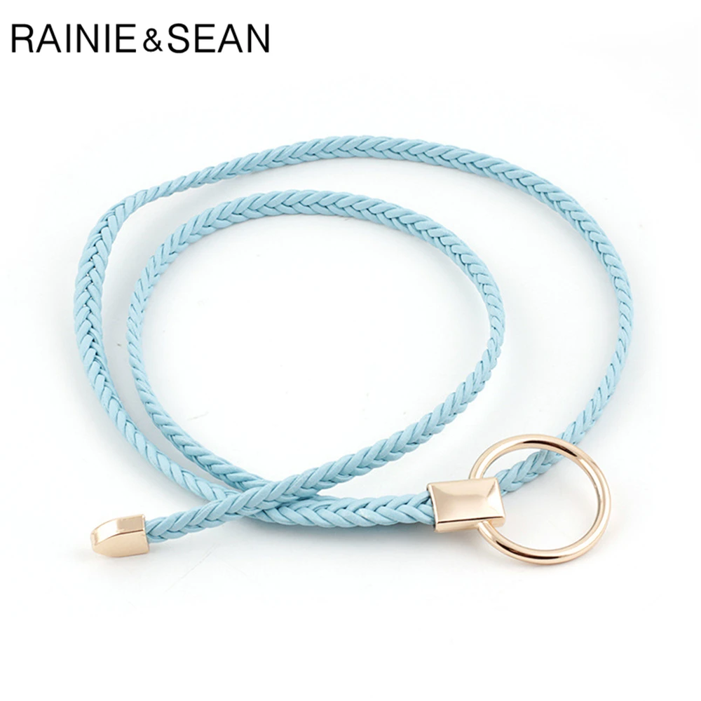 RAINIE SEAN Dünnen Gürtel Frauen Weben Pu Leder Mode Damen Strap für Kleider Solide Licht Ble Rosa Rot Camel Selbst krawatte Frauen Gürtel