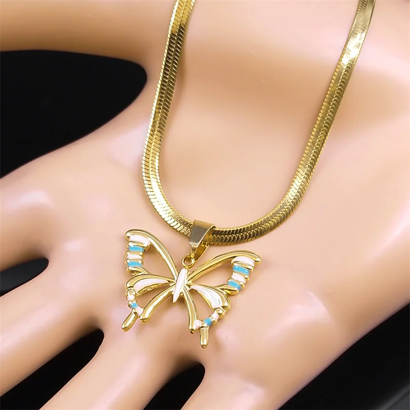 Buttefly Hollow Enamel Pendant Necklace Women Stainless Steel Gold Color Vintage Insect Choker Necklaces Jewelry Gifts NZZZ388