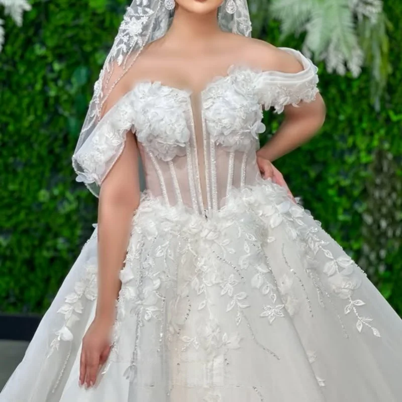 Shiny White Appliques Wedding Dresses V-neck 3D Flower Decal long tail puff skirt off-shoulder Made wedding dress Bridal Gown