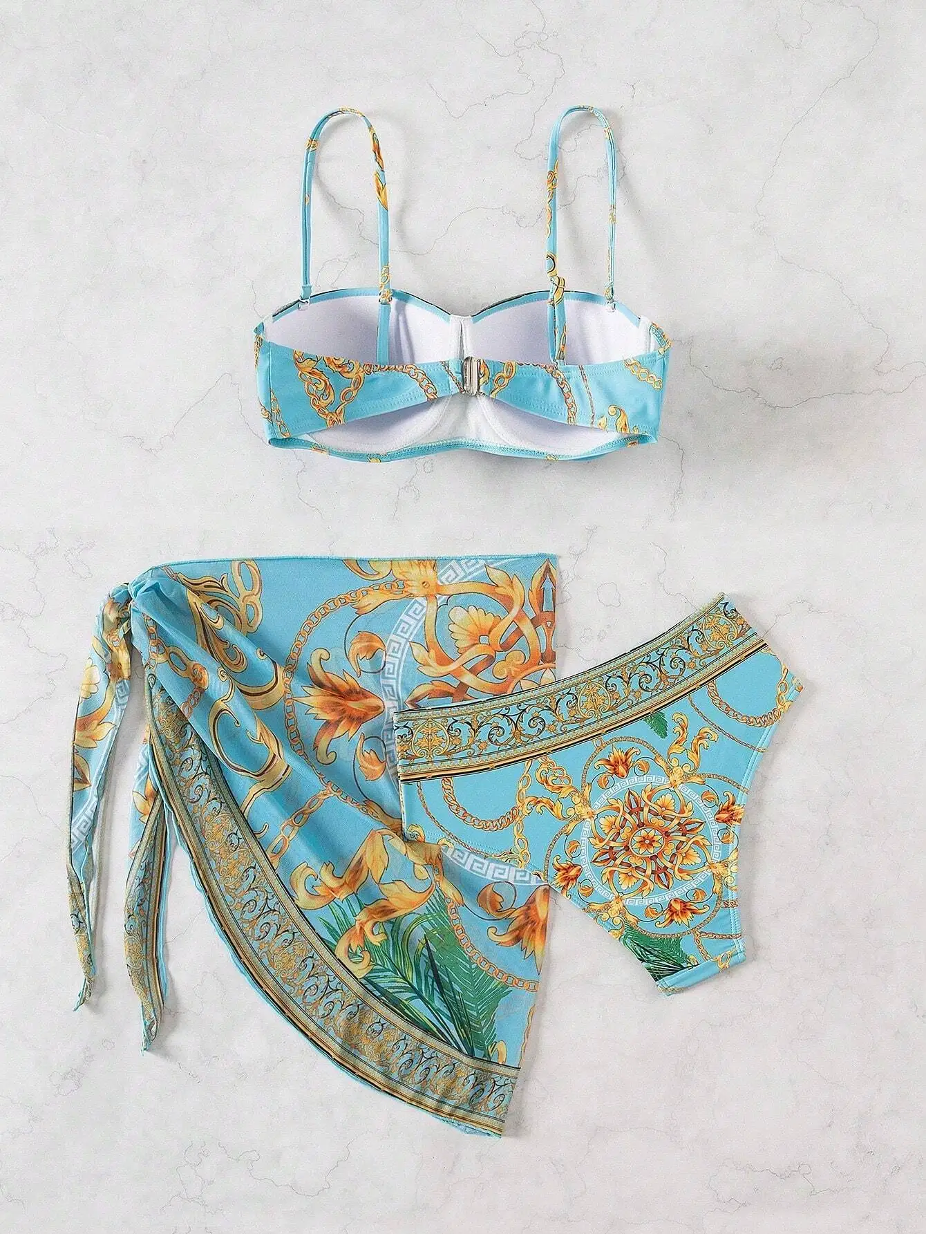 

Sky Blue Baroque Chain Print Bikini Set With Wrap Cover-Up Skirt For Women