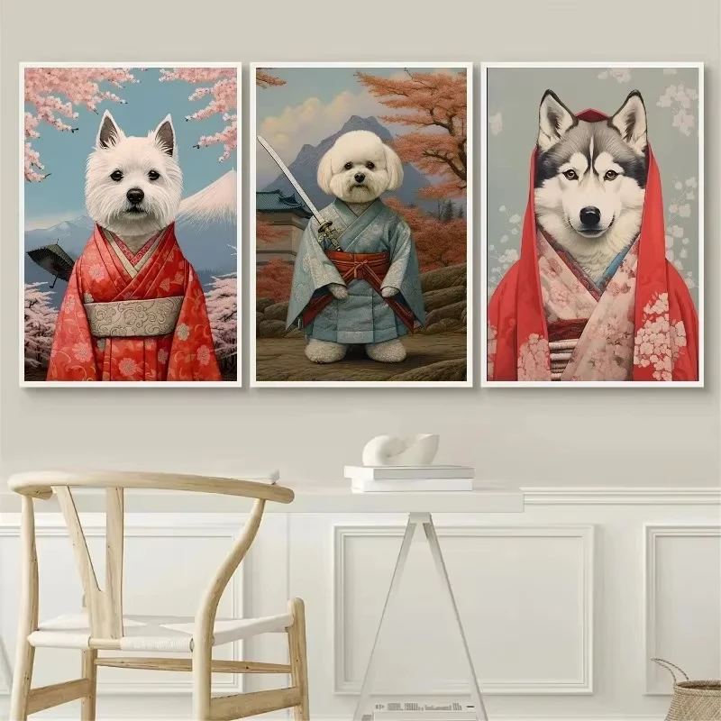 Japanese Geisha Samurai Dog Portraits Poster Wearing Kimono Dogs Canvas Painting Wall Art picture for Living Room Home Decor