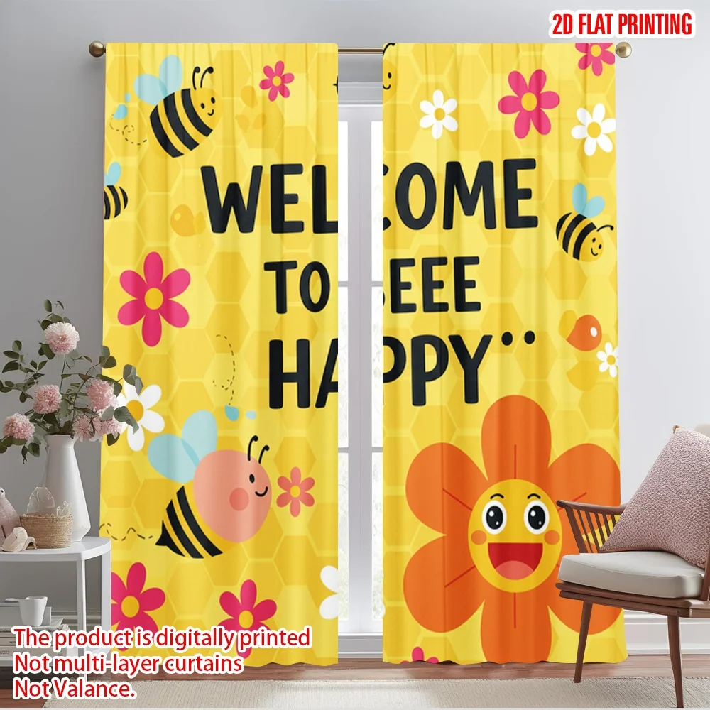 

2pcs 2D flat printing Window Curtains Welcome Bee Happy Flowers Polyester Without Electricity Party Decorations for room decor