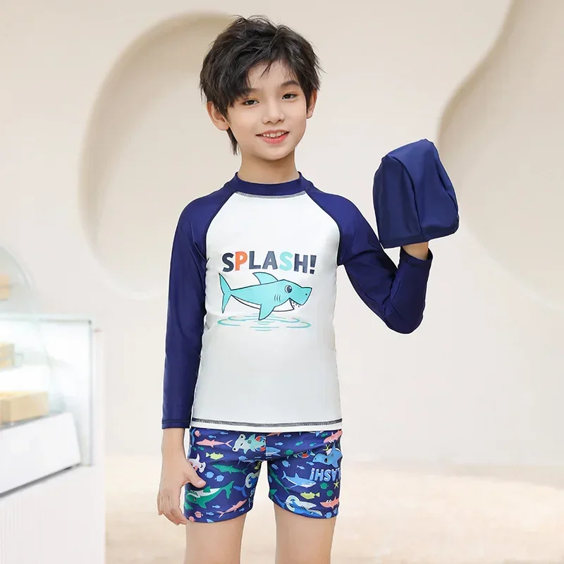 

Children's Quick-Drying Swimsuit with Swim Cap, Boy's Long Sleeve Sunscreen 3pcs Swimwear, Sun Protection Beach Clothes, New