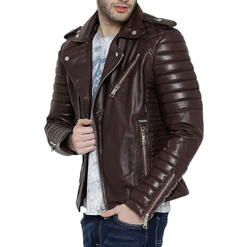 Men's Authentic Lambskin 100% Leather Jacket Riding Brown Quilted Winter Stylish