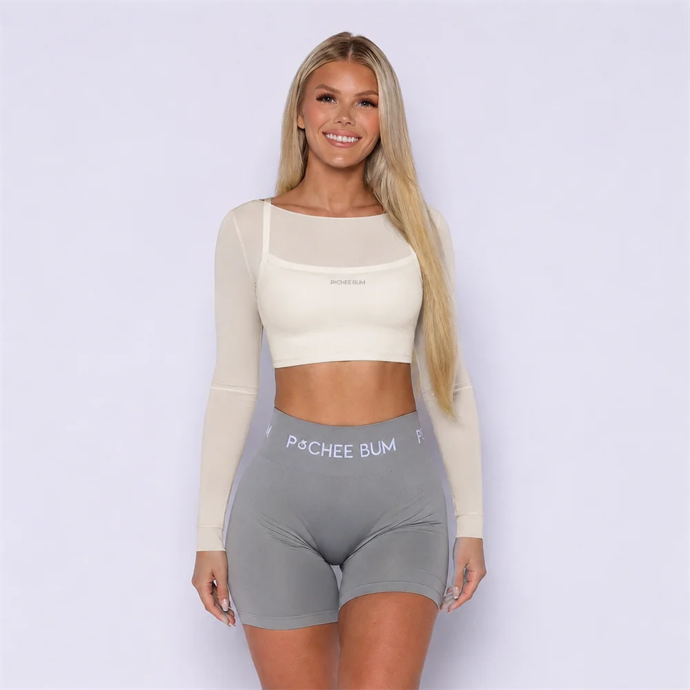 Bum Bum Feather Form Long Sleeves T-Shirt Elegant Women's Mesh Stitched Mock Two-Piece Yoga T-shirt Breathable Sunscreen Crop Tops - Aliexpress Deal