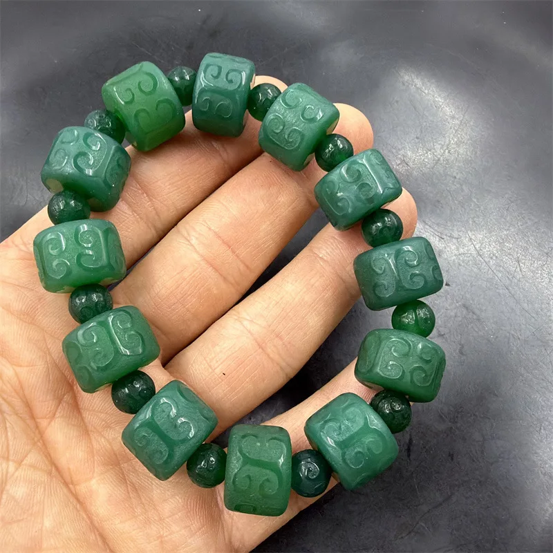 Green Agate Abacus Bead Bracelet with Carved Patterns 3